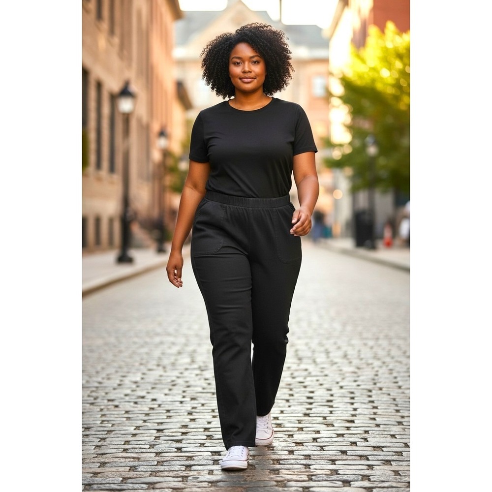 (G-221) Denim & Co Black Pull On Pants Women L Stretch Straight Leg Casual QVC